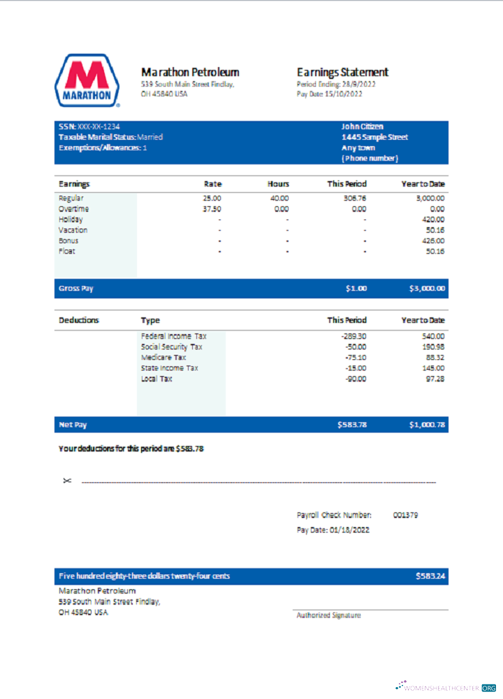 Download USA Marathon Petroleum company pay stub Photoshop template